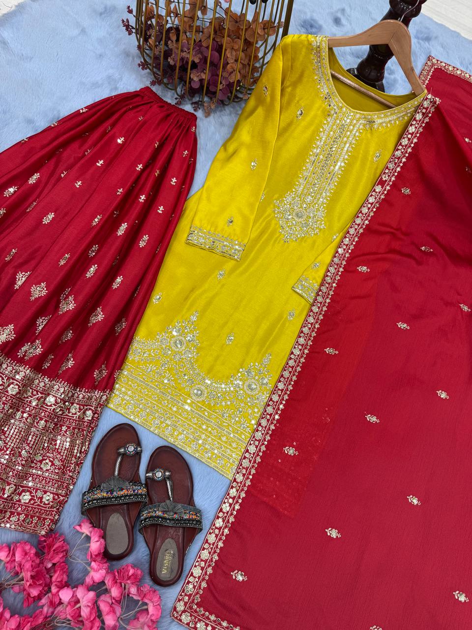 Yellow Elegant Pur Chinon Silk Embroidered Palazzo Set with Dupatta – Fully Stitched