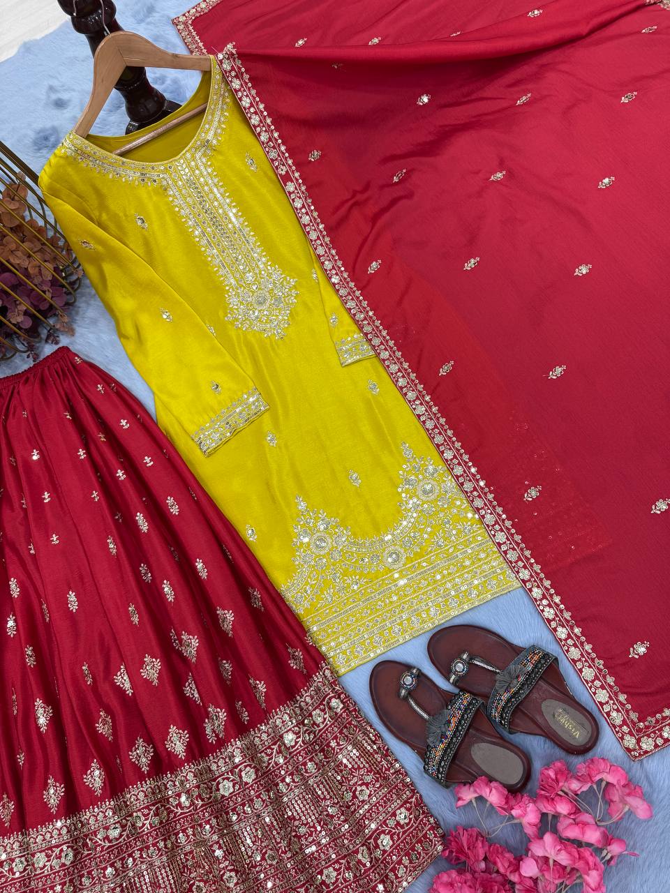 Yellow Elegant Pur Chinon Silk Embroidered Palazzo Set with Dupatta – Fully Stitched