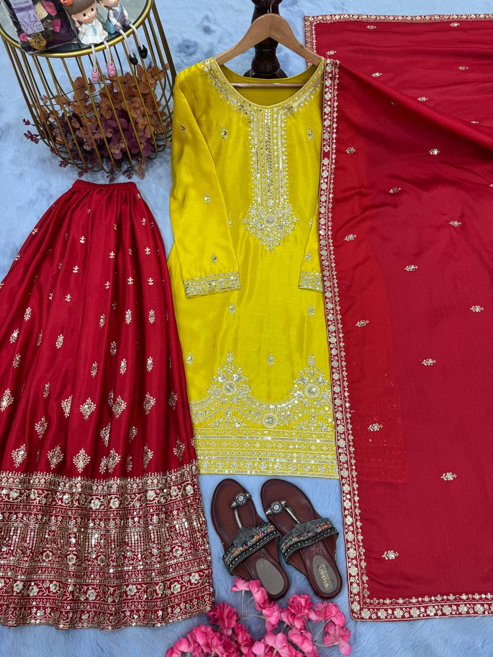 Yellow Elegant Pur Chinon Silk Embroidered Palazzo Set with Dupatta – Fully Stitched