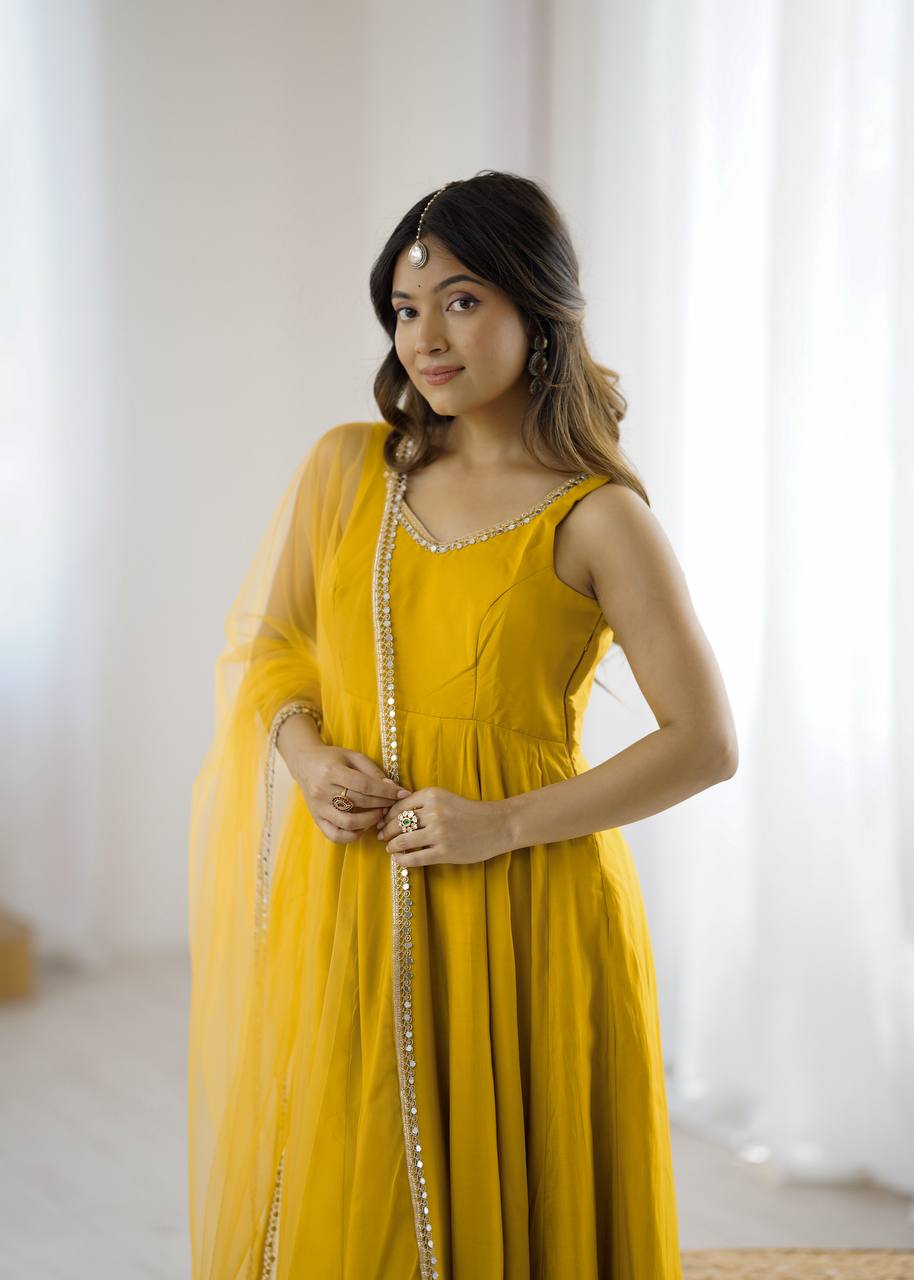 Yellow Elegant Roman Silk Chanderi Anarkali Set with Dupatta & Pant