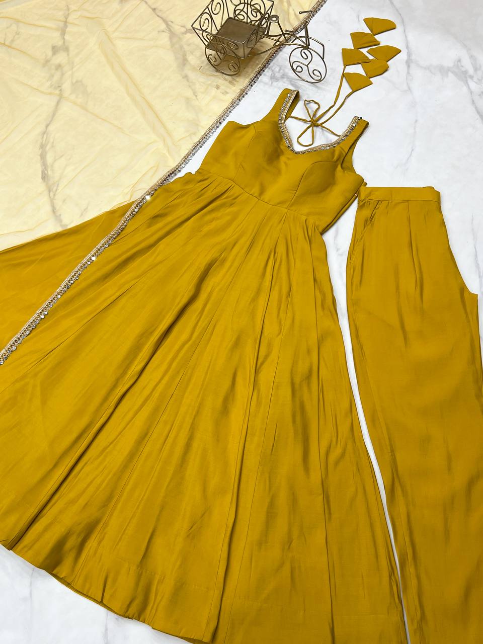 Yellow Elegant Roman Silk Chanderi Anarkali Set with Dupatta & Pant