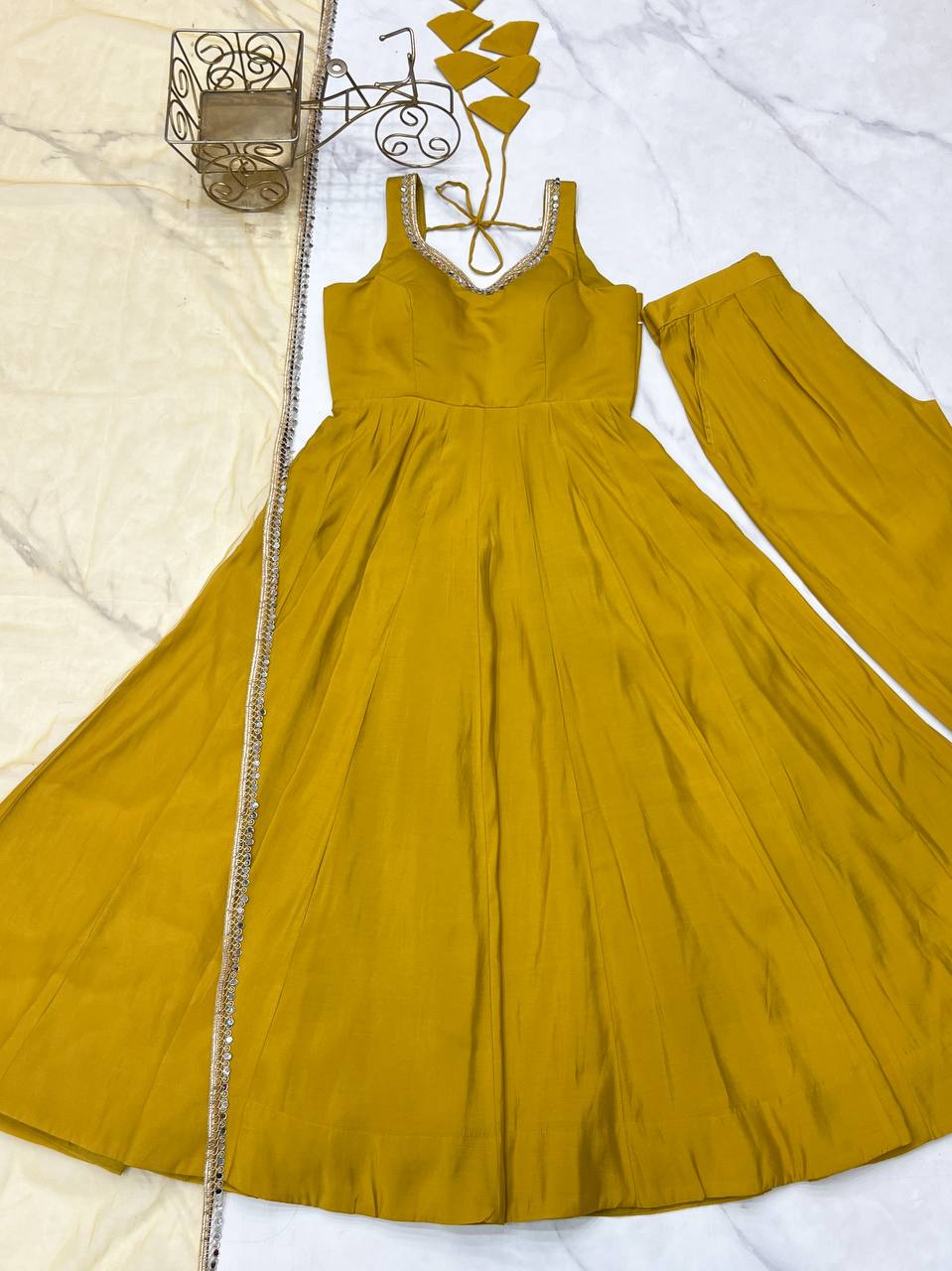 Yellow Elegant Roman Silk Chanderi Anarkali Set with Dupatta & Pant