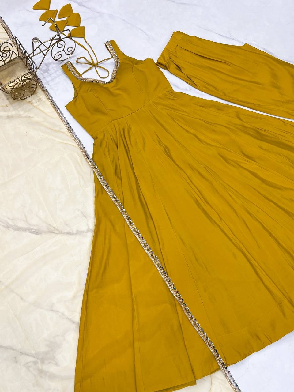 Yellow Elegant Roman Silk Chanderi Anarkali Set with Dupatta & Pant