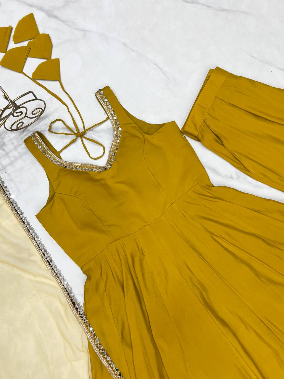 Yellow Elegant Roman Silk Chanderi Anarkali Set with Dupatta & Pant