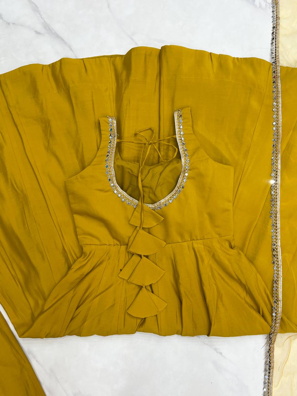 Yellow Elegant Roman Silk Chanderi Anarkali Set with Dupatta & Pant