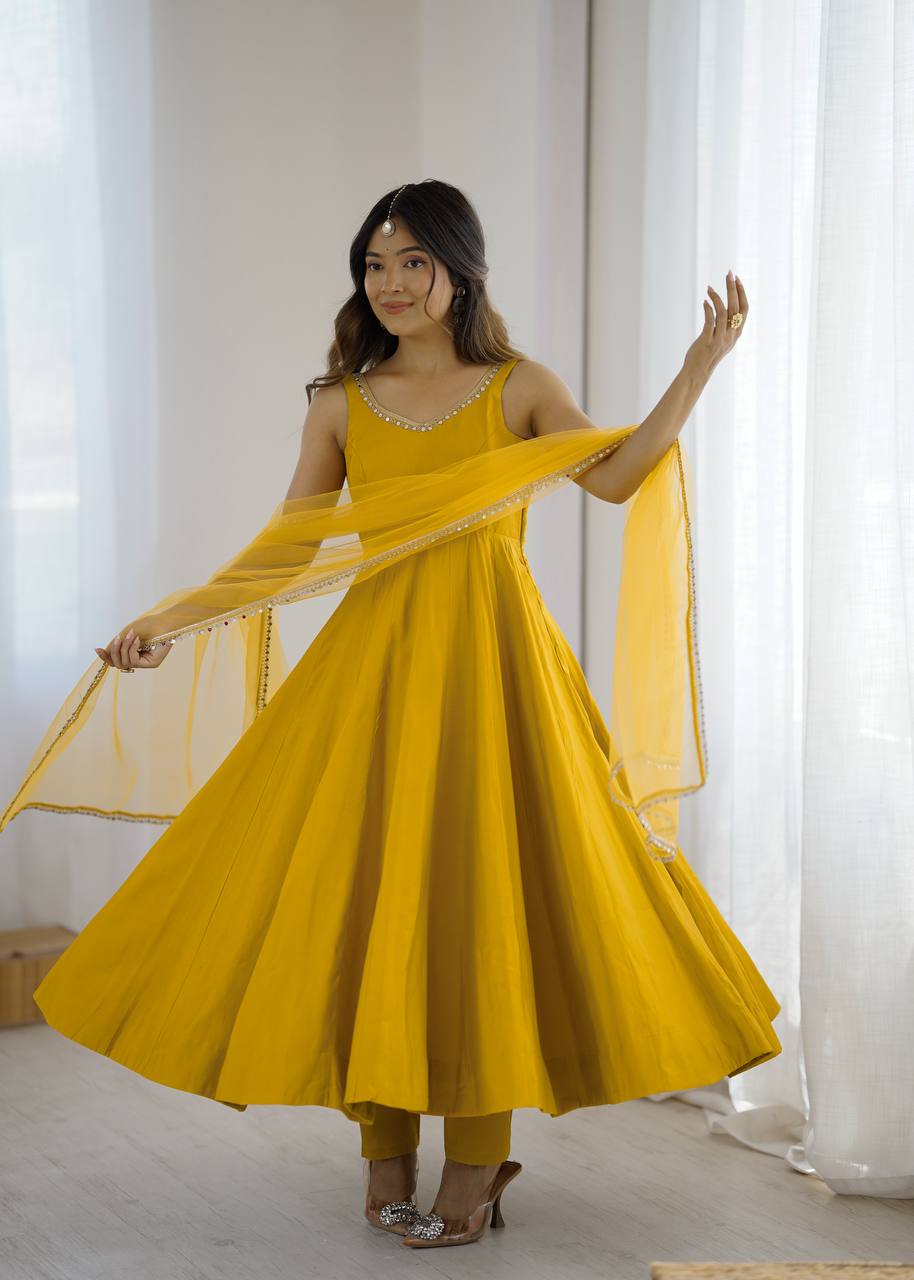 Yellow Elegant Roman Silk Chanderi Anarkali Set with Dupatta & Pant