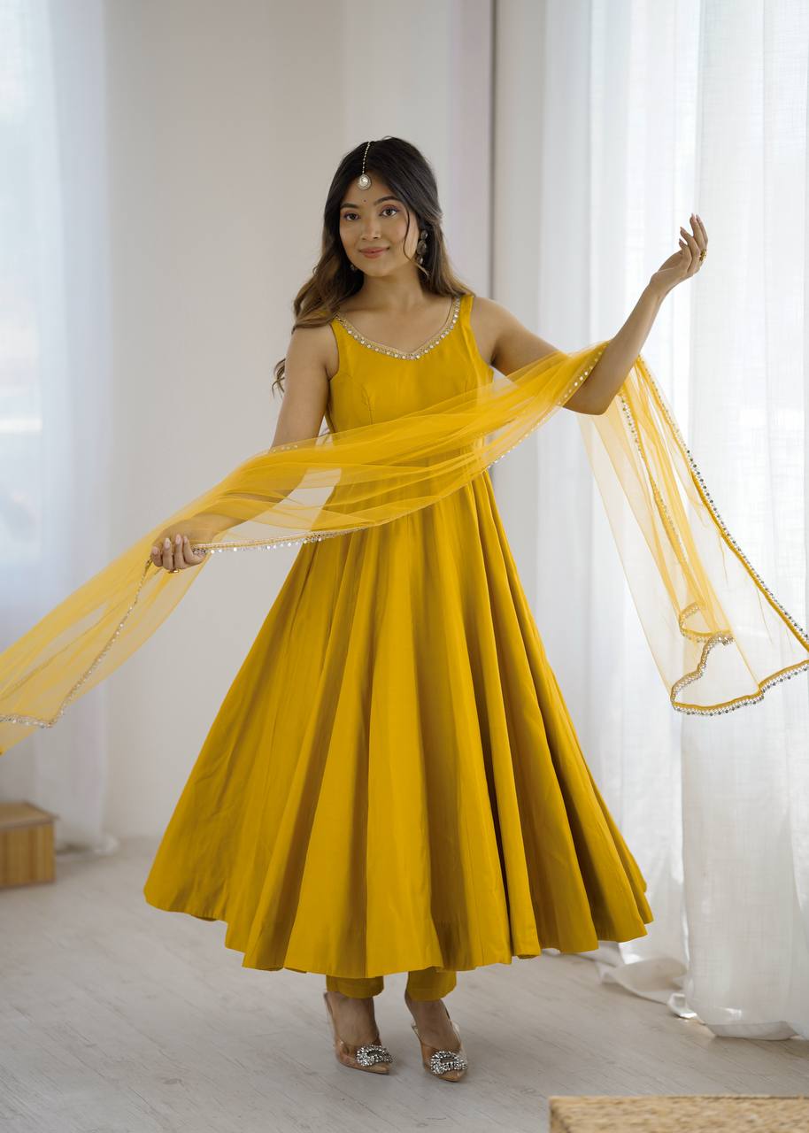 Yellow Elegant Roman Silk Chanderi Anarkali Set with Dupatta & Pant
