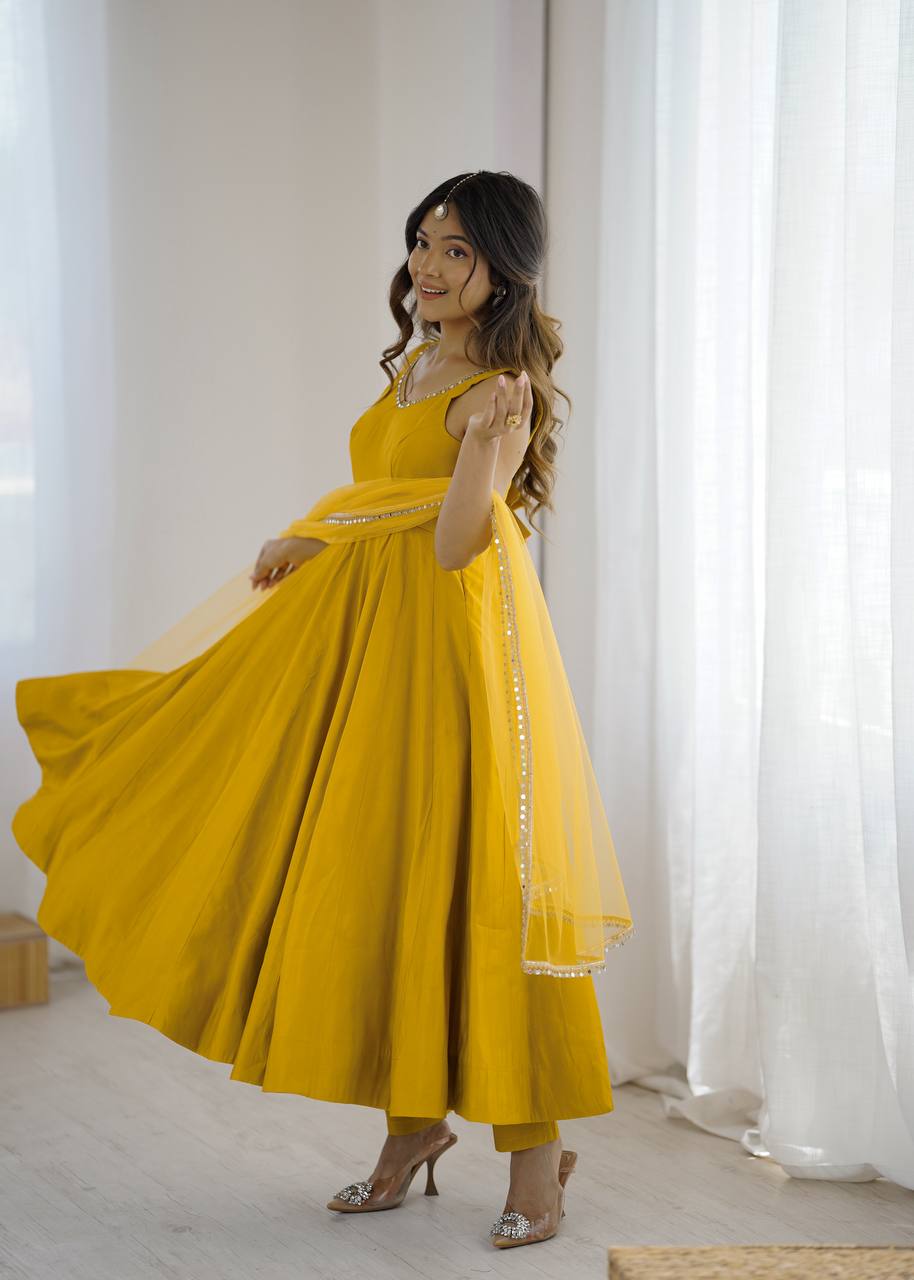 Yellow Elegant Roman Silk Chanderi Anarkali Set with Dupatta & Pant