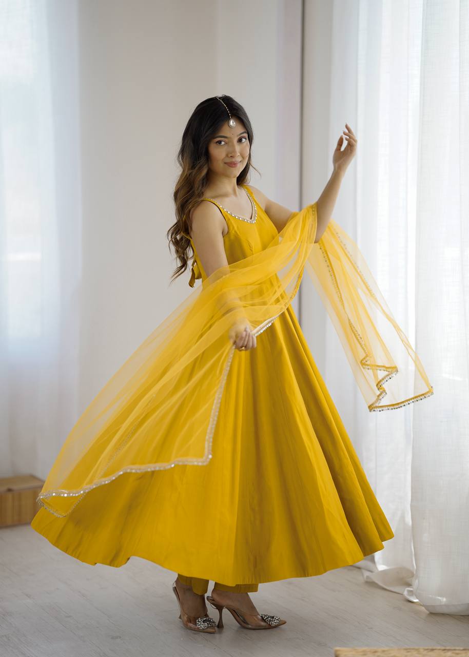 Yellow Elegant Roman Silk Chanderi Anarkali Set with Dupatta & Pant