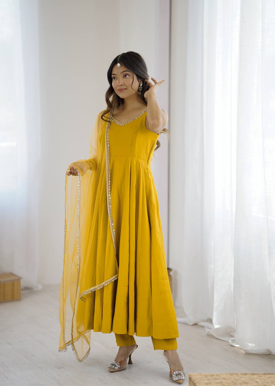 Yellow Elegant Roman Silk Chanderi Anarkali Set with Dupatta & Pant