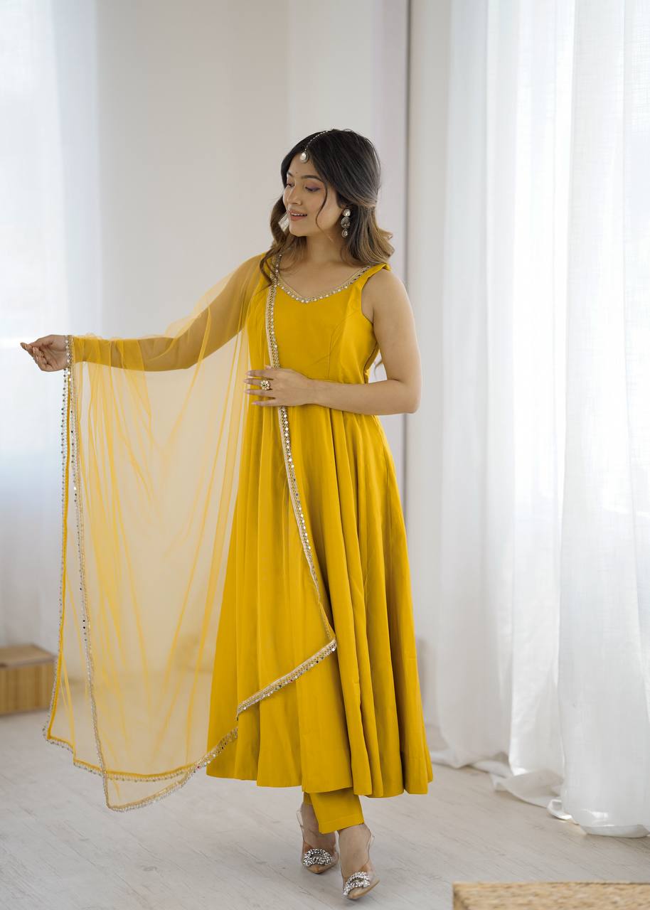 Yellow Elegant Roman Silk Chanderi Anarkali Set with Dupatta & Pant