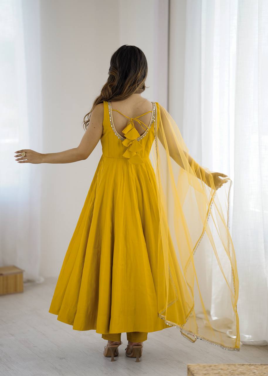 Yellow Elegant Roman Silk Chanderi Anarkali Set with Dupatta & Pant