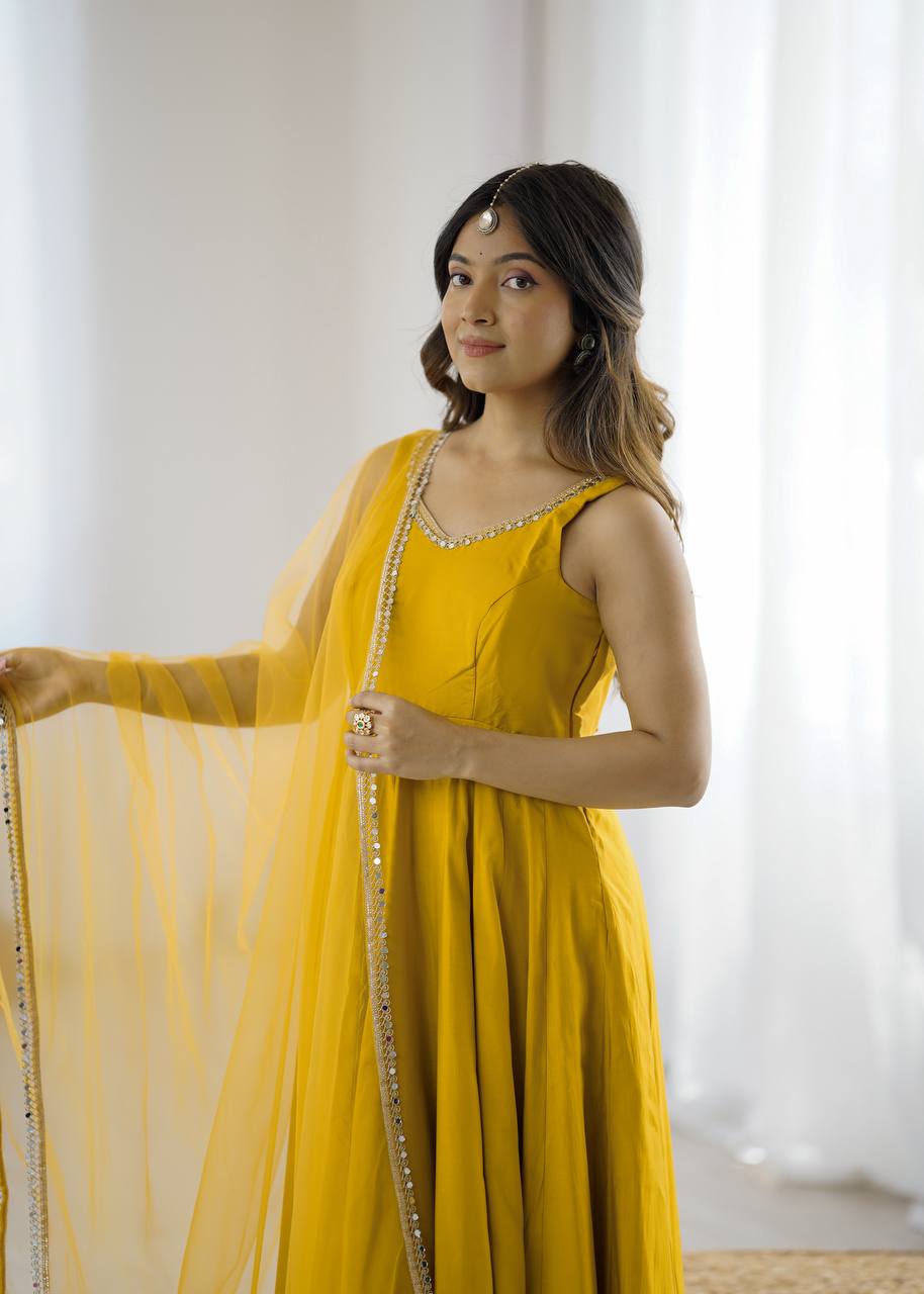 Yellow Elegant Roman Silk Chanderi Anarkali Set with Dupatta & Pant