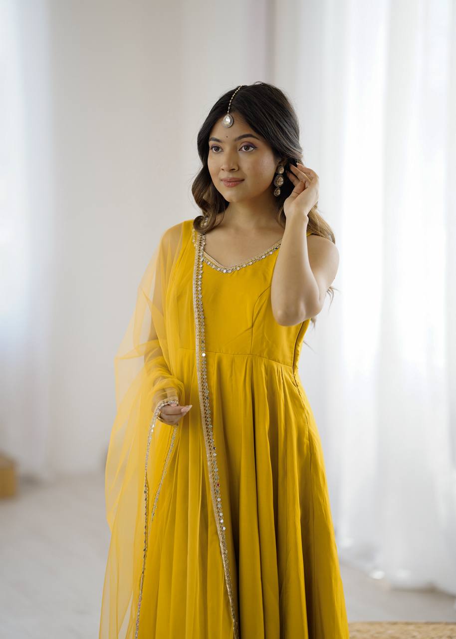 Yellow Elegant Roman Silk Chanderi Anarkali Set with Dupatta & Pant