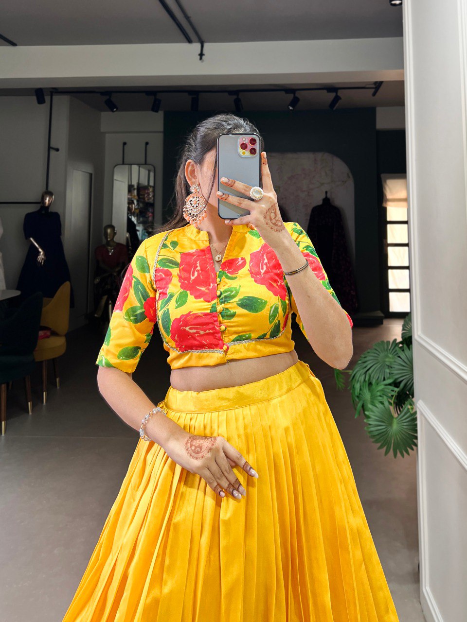 Yellow Elegant Tussar Silk Floral Print Lehenga Set – Stitched with Adjustable Blouse