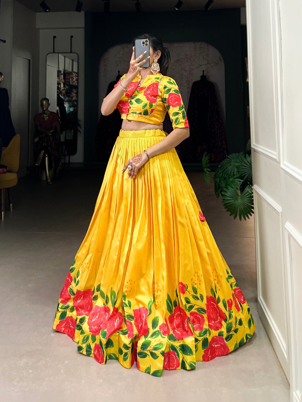 Yellow Elegant Tussar Silk Floral Print Lehenga Set – Stitched with Adjustable Blouse