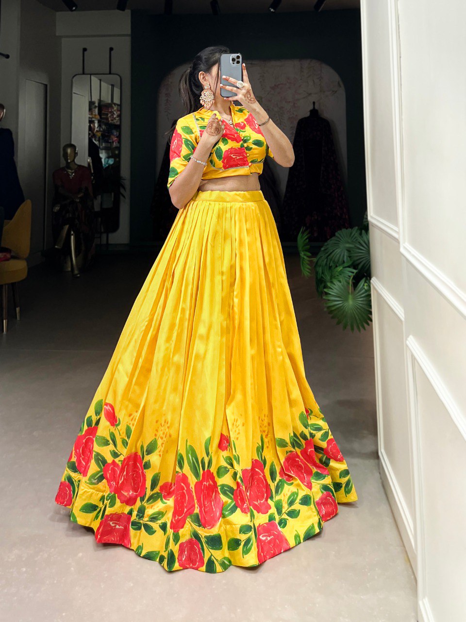 Yellow Elegant Tussar Silk Floral Print Lehenga Set – Stitched with Adjustable Blouse