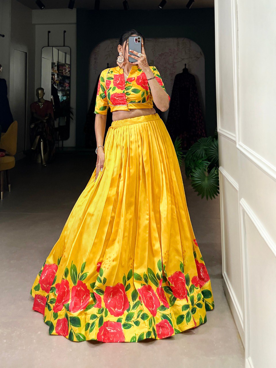 Yellow Elegant Tussar Silk Floral Print Lehenga Set – Stitched with Adjustable Blouse