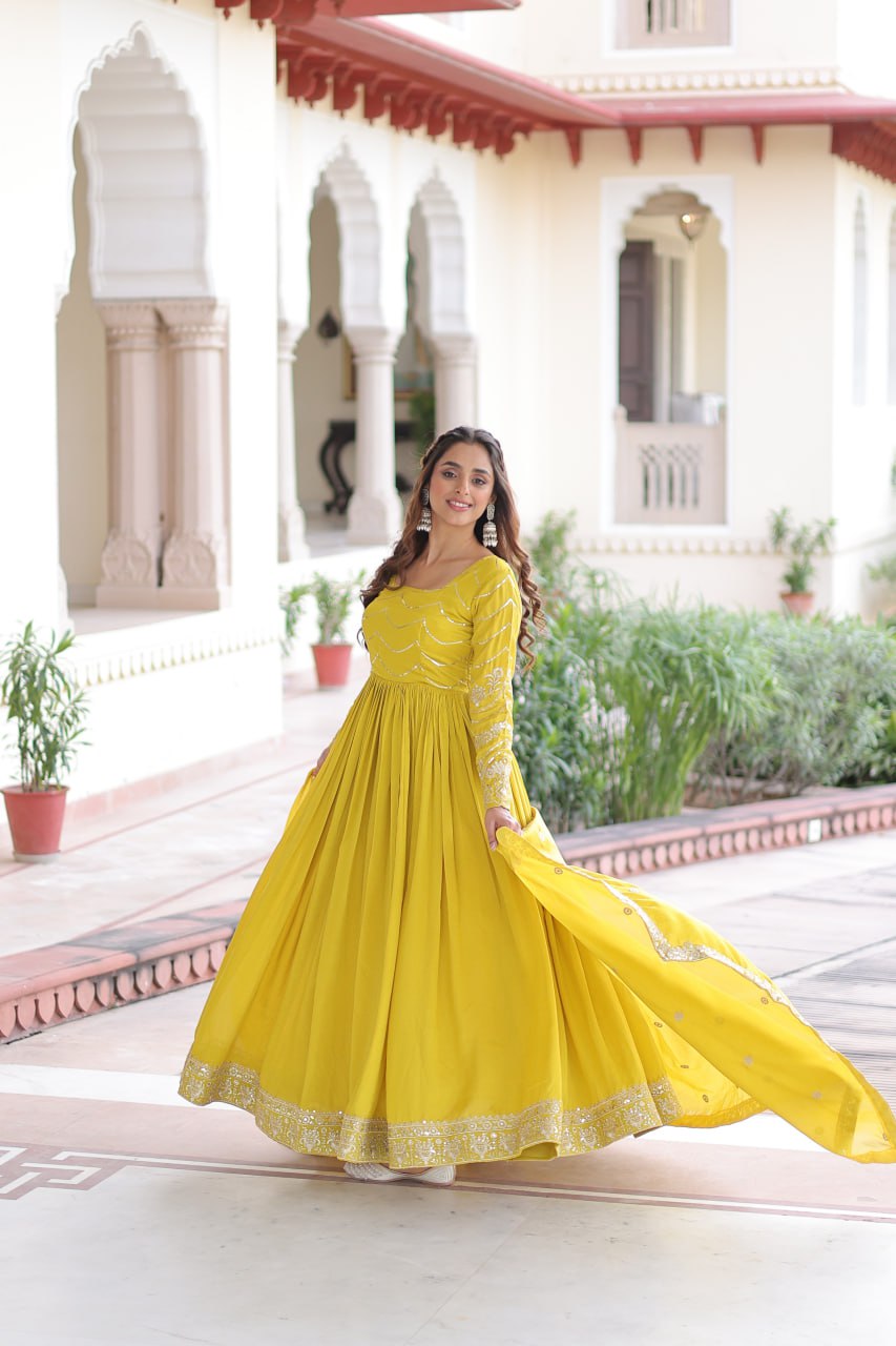 Yellow Elegant Vichitra Silk Sequin Embroidered Gown with Dupatta – Designer Full-Sleeve Square Neck Gown with Cotton Lining & 3-Meter Flair