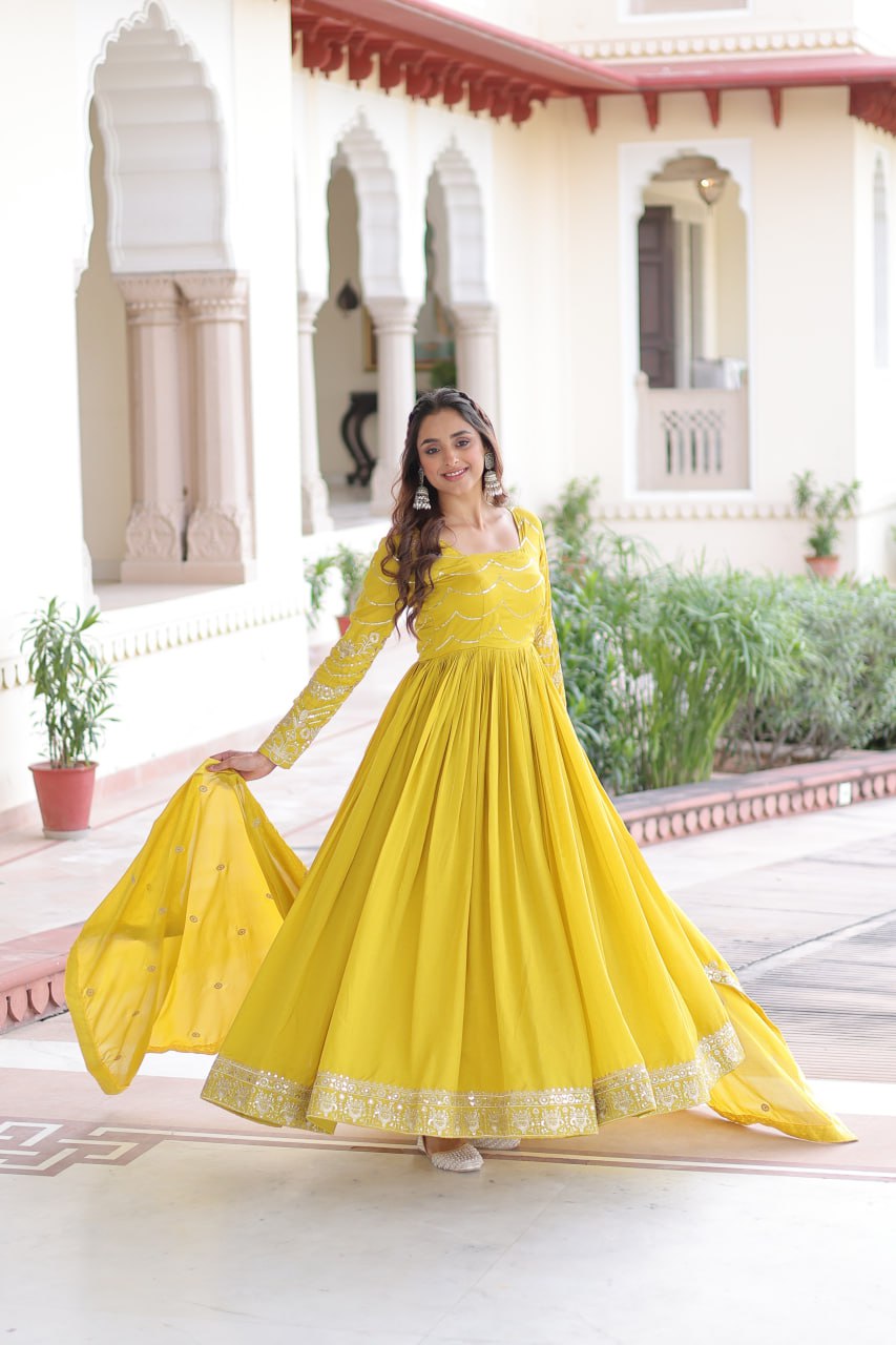 Yellow Elegant Vichitra Silk Sequin Embroidered Gown with Dupatta – Designer Full-Sleeve Square Neck Gown with Cotton Lining & 3-Meter Flair