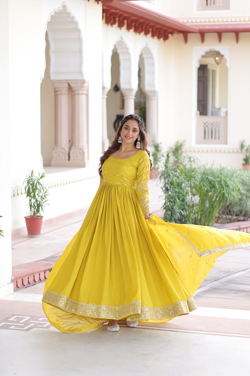 Yellow Elegant Vichitra Silk Sequin Embroidered Gown with Dupatta – Designer Full-Sleeve Square Neck Gown with Cotton Lining & 3-Meter Flair