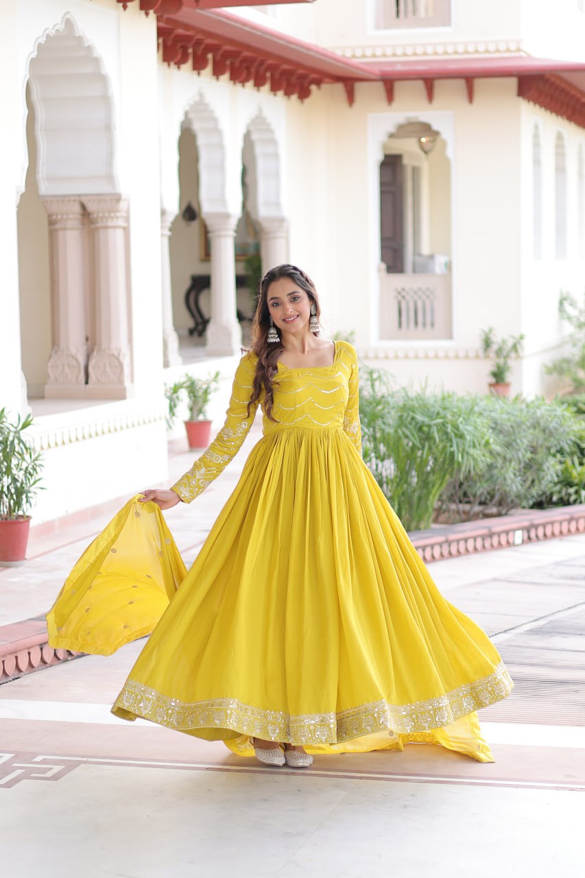 Yellow Elegant Vichitra Silk Sequin Embroidered Gown with Dupatta – Designer Full-Sleeve Square Neck Gown with Cotton Lining & 3-Meter Flair