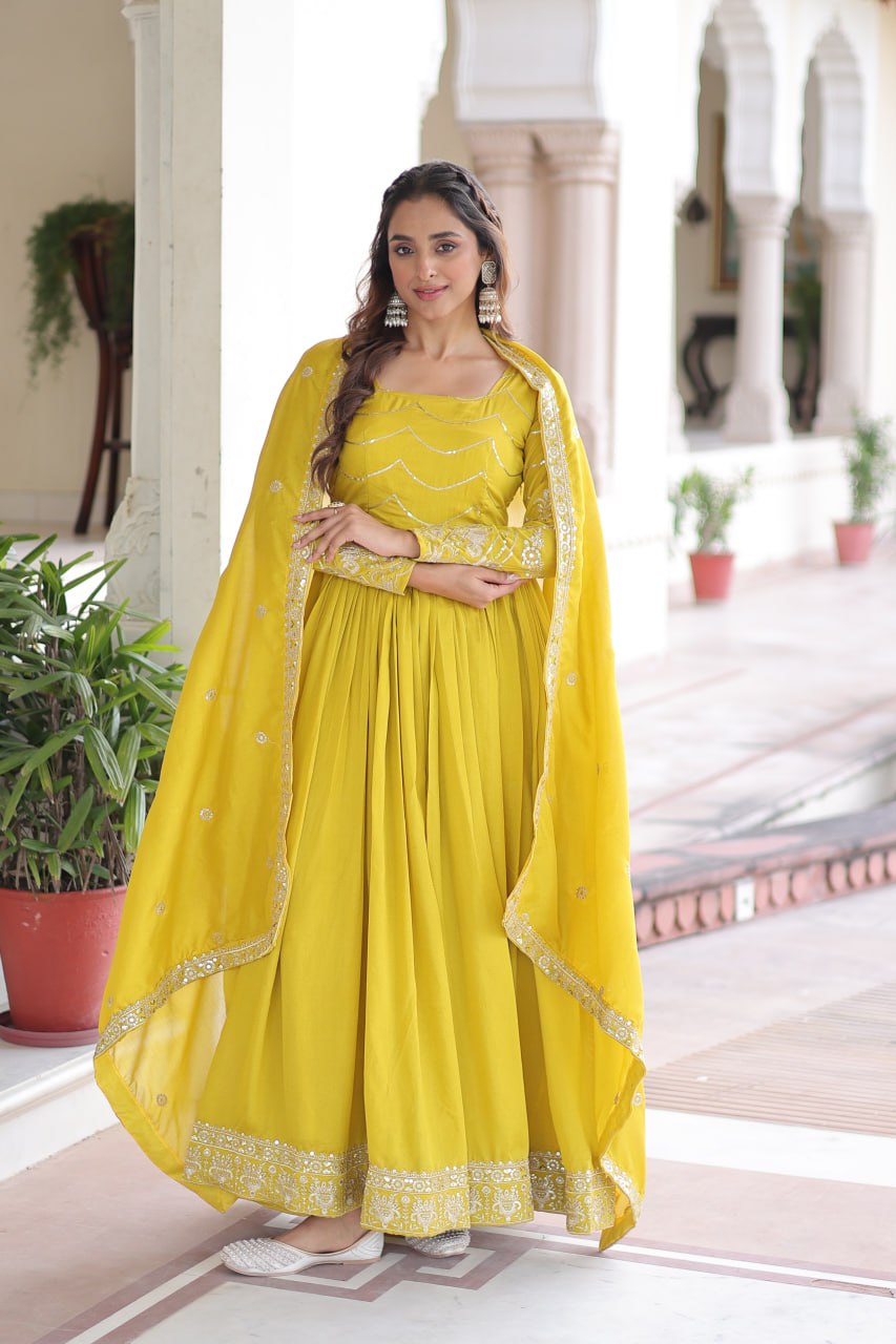Yellow Elegant Vichitra Silk Sequin Embroidered Gown with Dupatta – Designer Full-Sleeve Square Neck Gown with Cotton Lining & 3-Meter Flair