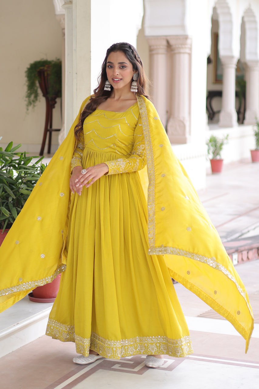 Yellow Elegant Vichitra Silk Sequin Embroidered Gown with Dupatta – Designer Full-Sleeve Square Neck Gown with Cotton Lining & 3-Meter Flair