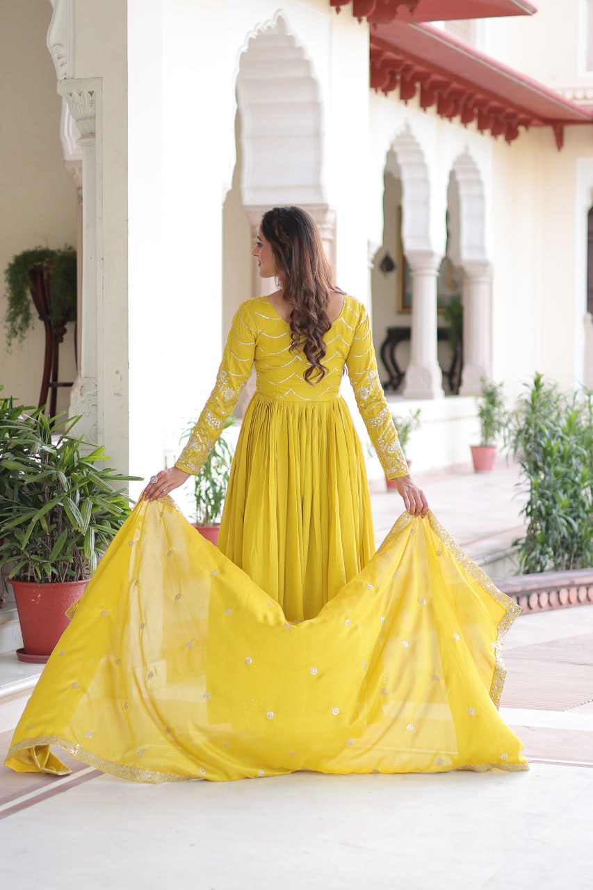 Yellow Elegant Vichitra Silk Sequin Embroidered Gown with Dupatta – Designer Full-Sleeve Square Neck Gown with Cotton Lining & 3-Meter Flair