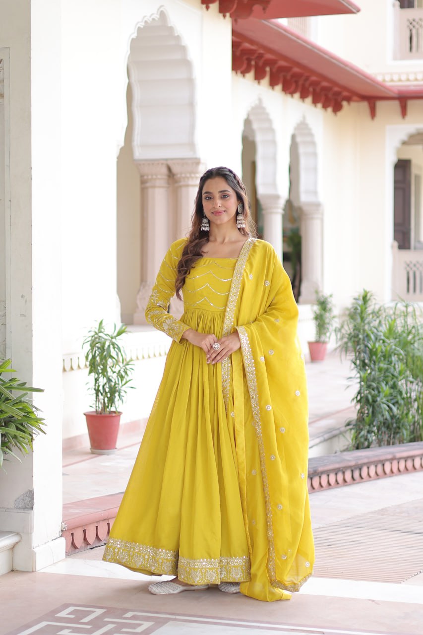 Yellow Elegant Vichitra Silk Sequin Embroidered Gown with Dupatta – Designer Full-Sleeve Square Neck Gown with Cotton Lining & 3-Meter Flair
