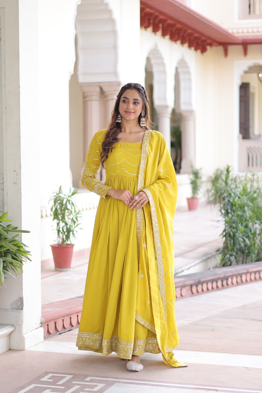 Yellow Elegant Vichitra Silk Sequin Embroidered Gown with Dupatta – Designer Full-Sleeve Square Neck Gown with Cotton Lining & 3-Meter Flair