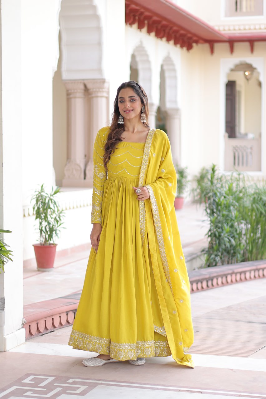 Yellow Elegant Vichitra Silk Sequin Embroidered Gown with Dupatta – Designer Full-Sleeve Square Neck Gown with Cotton Lining & 3-Meter Flair