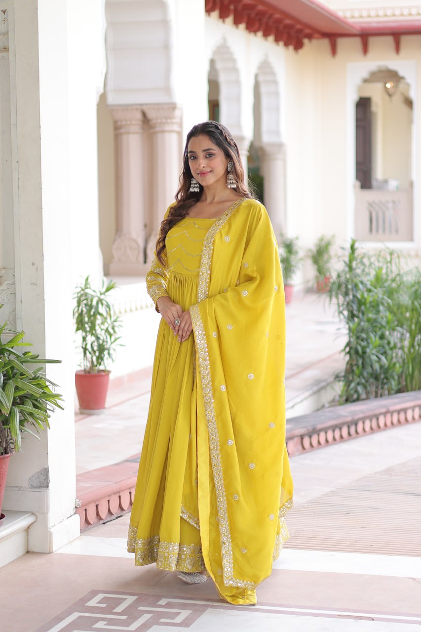 Yellow Elegant Vichitra Silk Sequin Embroidered Gown with Dupatta – Designer Full-Sleeve Square Neck Gown with Cotton Lining & 3-Meter Flair