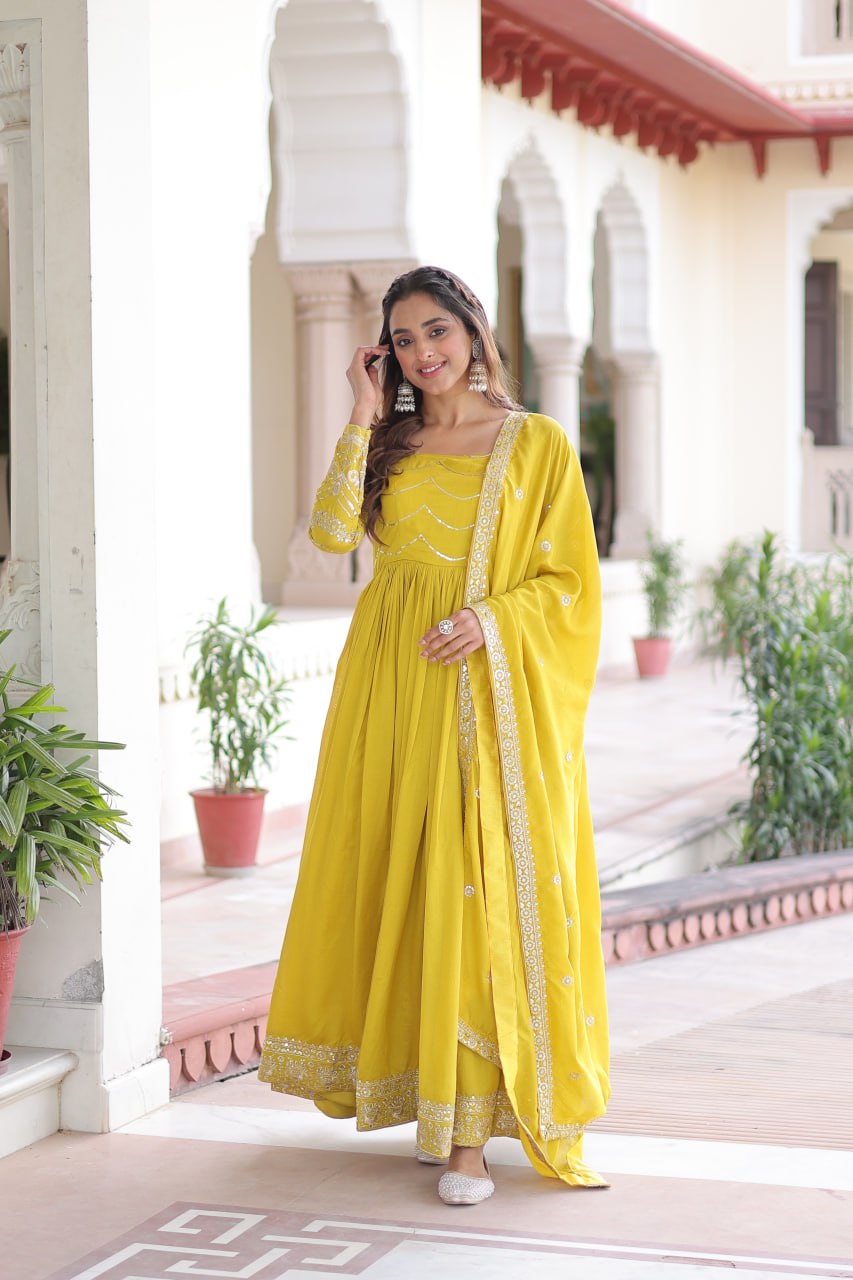 Yellow Elegant Vichitra Silk Sequin Embroidered Gown with Dupatta – Designer Full-Sleeve Square Neck Gown with Cotton Lining & 3-Meter Flair