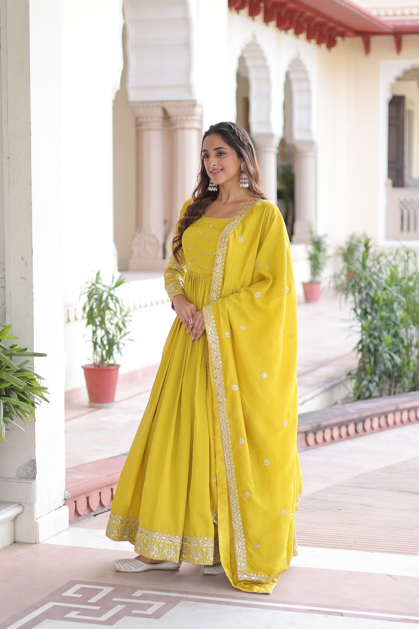 Yellow Elegant Vichitra Silk Sequin Embroidered Gown with Dupatta – Designer Full-Sleeve Square Neck Gown with Cotton Lining & 3-Meter Flair