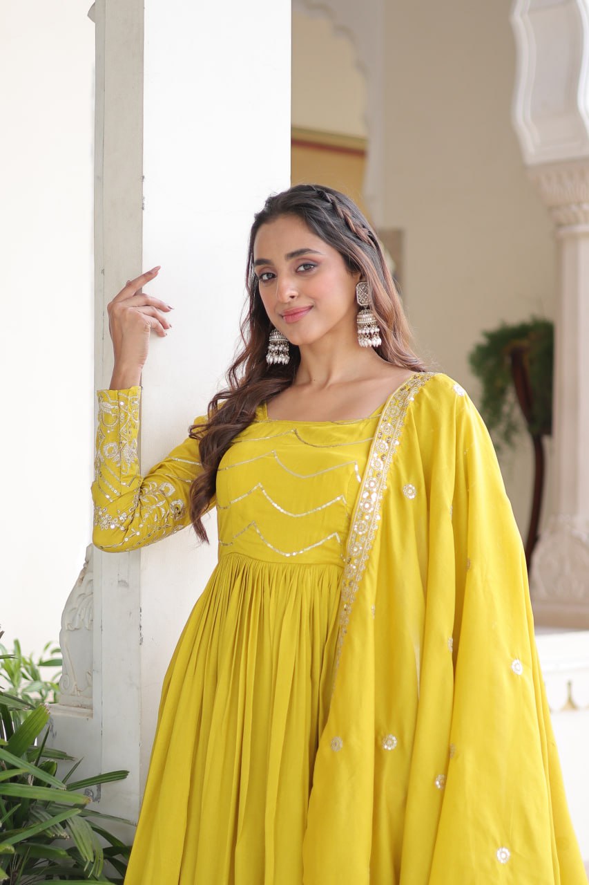 Yellow Elegant Vichitra Silk Sequin Embroidered Gown with Dupatta – Designer Full-Sleeve Square Neck Gown with Cotton Lining & 3-Meter Flair