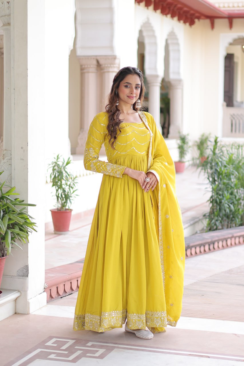 Yellow Elegant Vichitra Silk Sequin Embroidered Gown with Dupatta – Designer Full-Sleeve Square Neck Gown with Cotton Lining & 3-Meter Flair