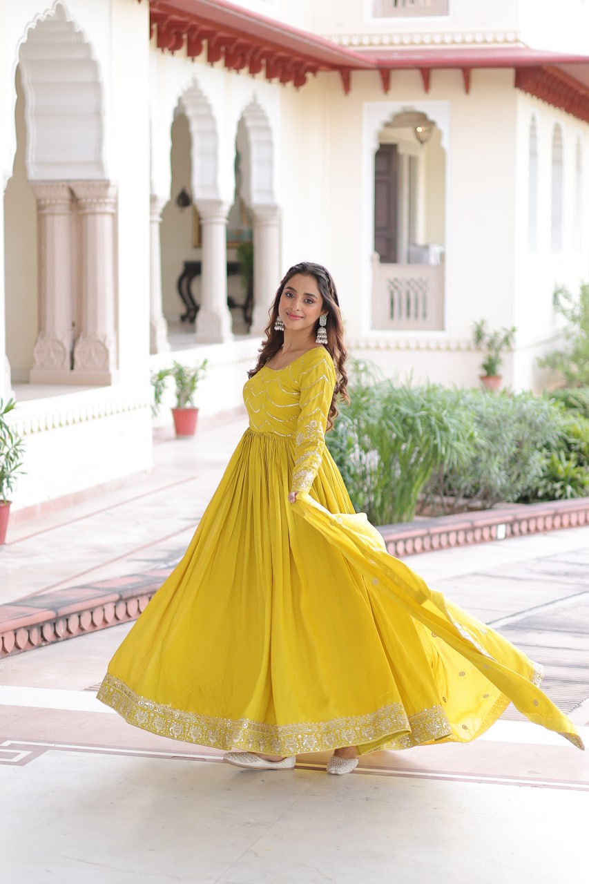 Yellow Elegant Vichitra Silk Sequin Embroidered Gown with Dupatta – Designer Full-Sleeve Square Neck Gown with Cotton Lining & 3-Meter Flair