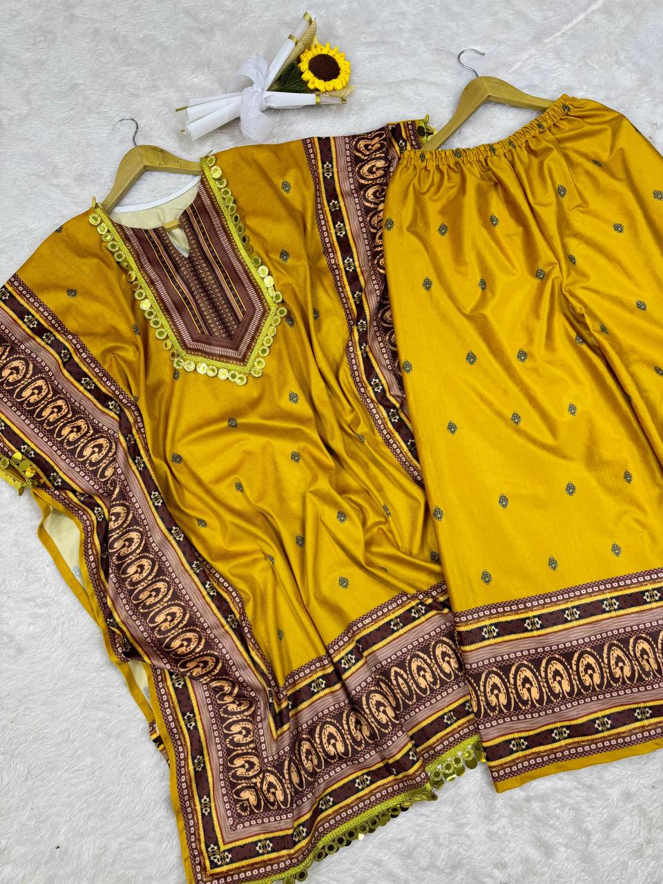 Yellow Elegant Viscose Velvet Kaftan with Plazo – Digital Print & Lace Border