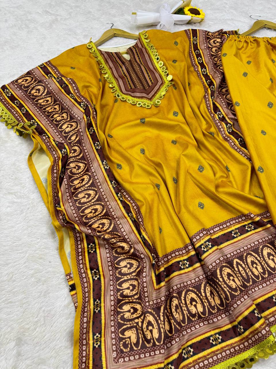 Yellow Elegant Viscose Velvet Kaftan with Plazo – Digital Print & Lace Border
