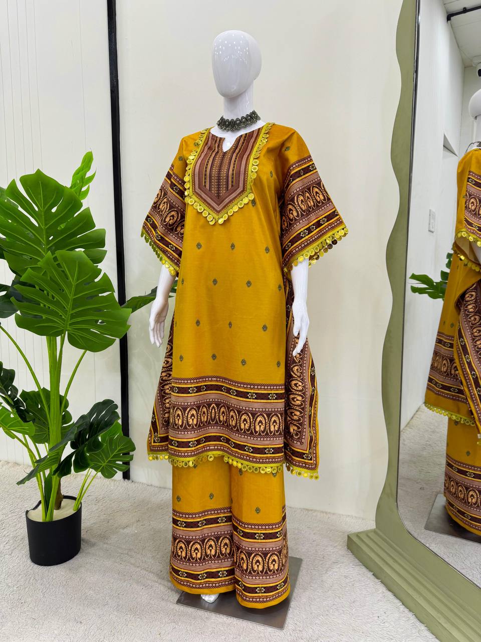 Yellow Elegant Viscose Velvet Kaftan with Plazo – Digital Print & Lace Border