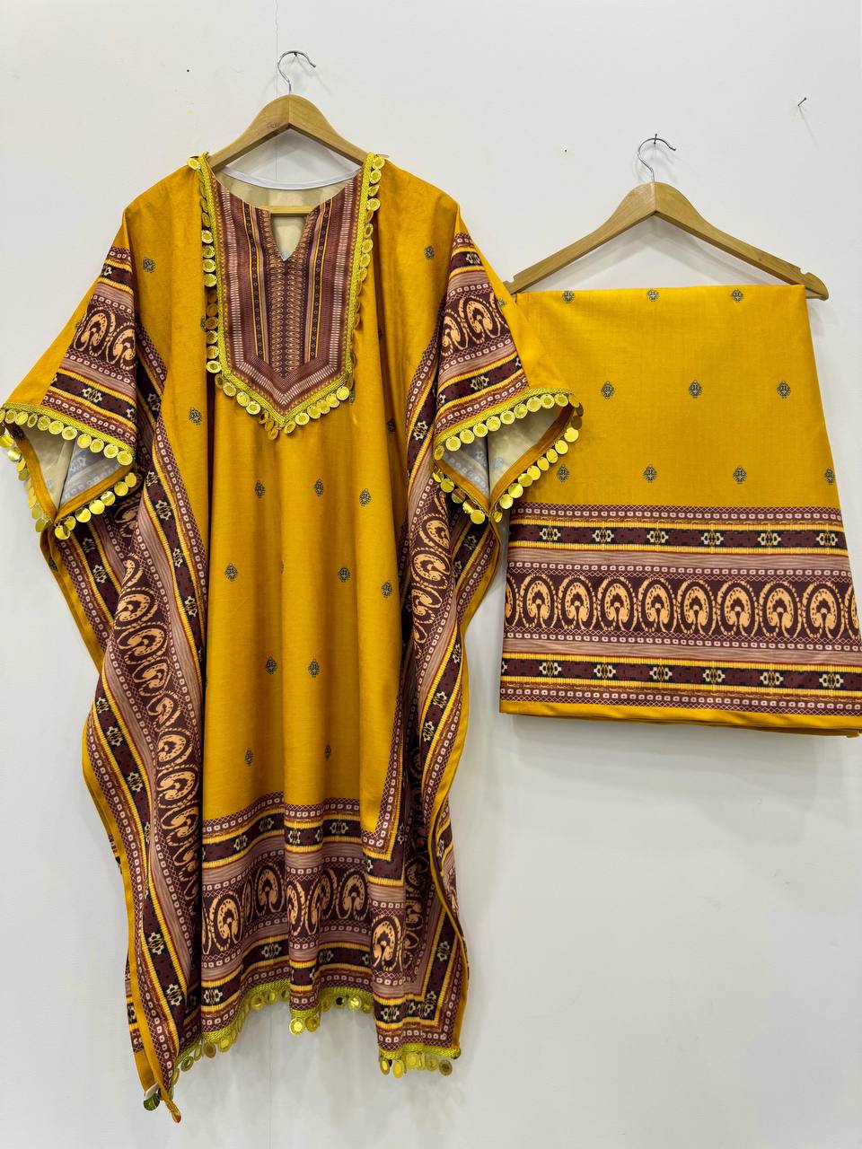 Yellow Elegant Viscose Velvet Kaftan with Plazo – Digital Print & Lace Border