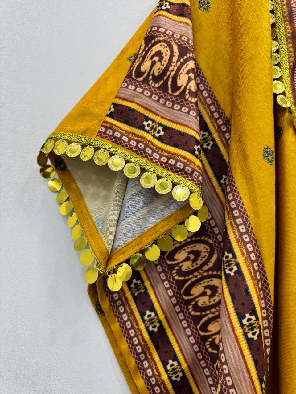 Yellow Elegant Viscose Velvet Kaftan with Plazo – Digital Print & Lace Border