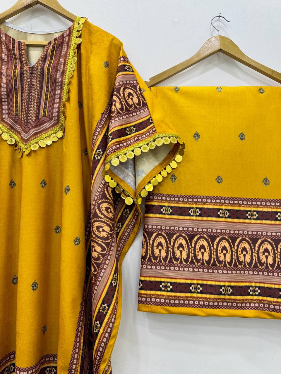 Yellow Elegant Viscose Velvet Kaftan with Plazo – Digital Print & Lace Border