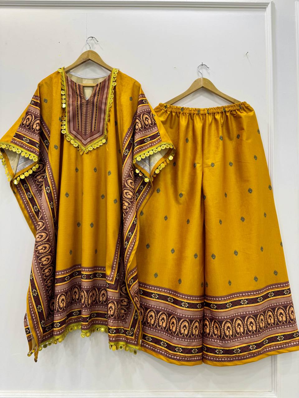 Yellow Elegant Viscose Velvet Kaftan with Plazo – Digital Print & Lace Border