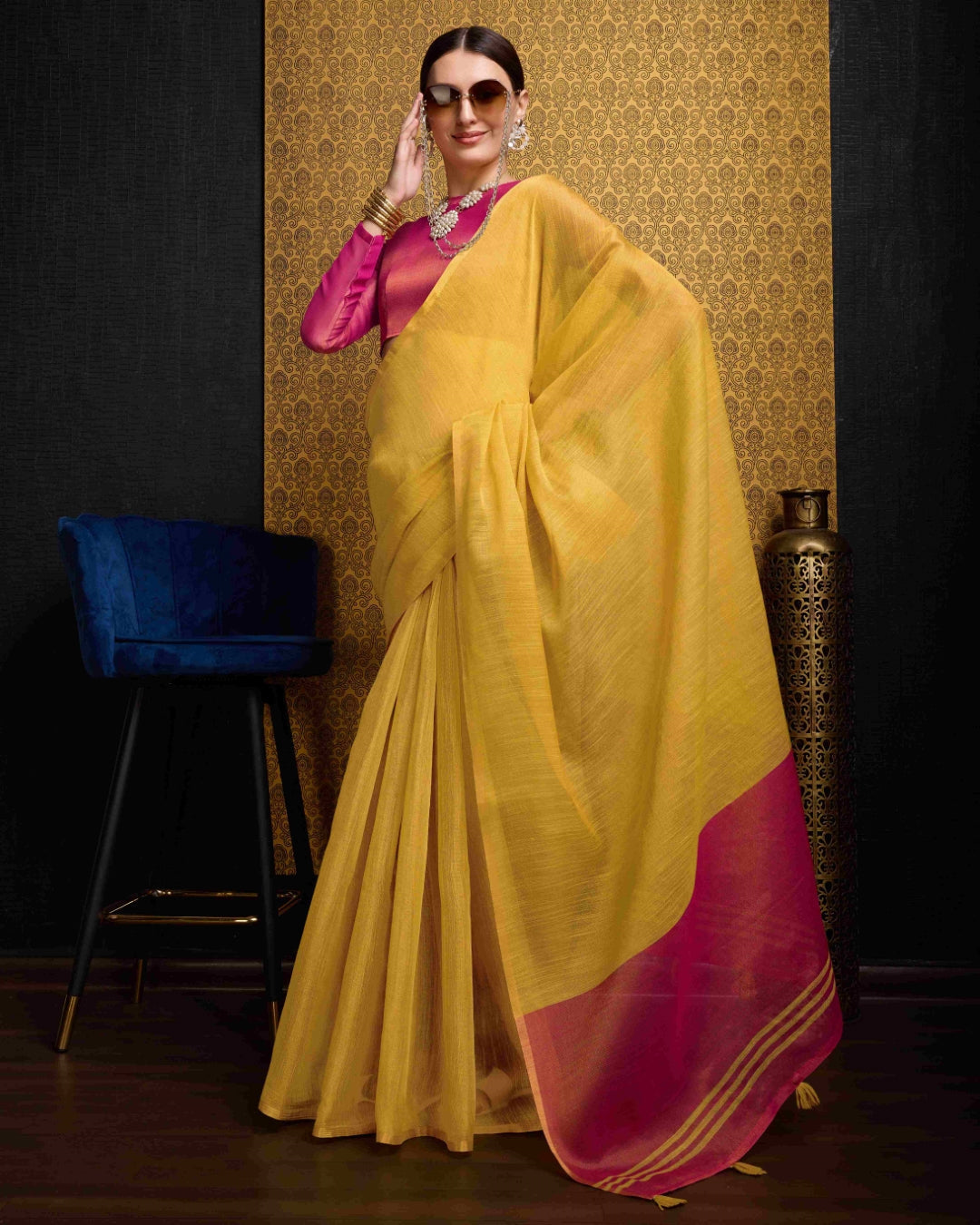 Yellow Elegant Woven Design Linen Blend Saree with Zari Border
