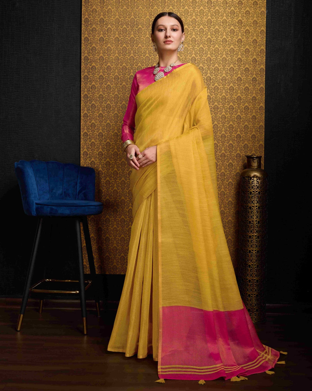 Yellow Elegant Woven Design Linen Blend Saree with Zari Border