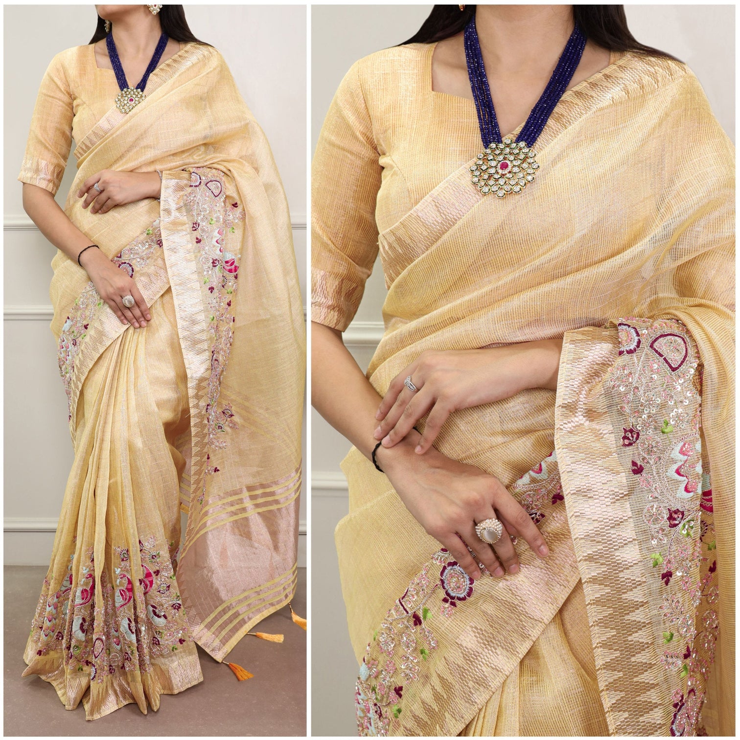 Yellow Elegant Zari Kota Tissue Saree with Embroidery Beads Work & Zari Weaving Border, Matching Unstitched Blouse – Festive & Traditional Wear
