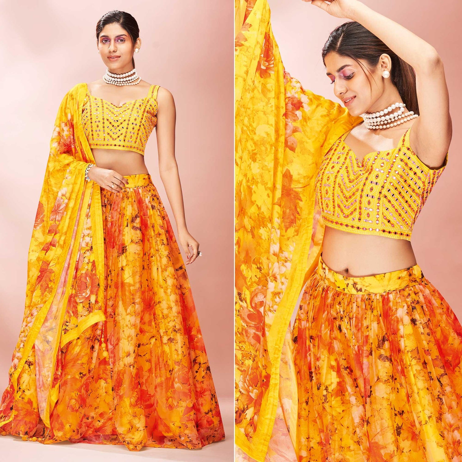 Yellow Embellished With Printed Organza Lehenga Choli