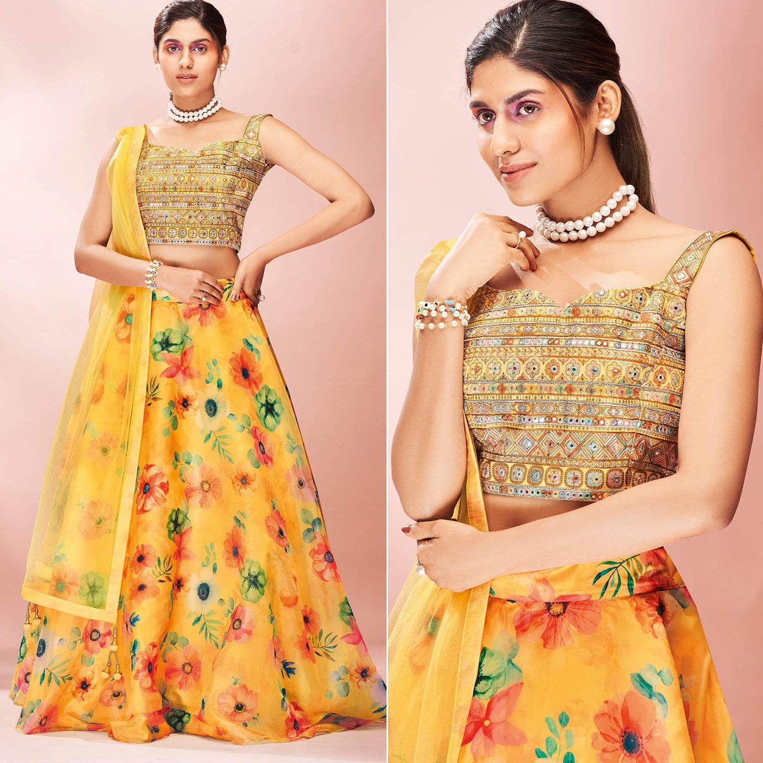 Yellow Embellished With Printed Organza Lehenga Choli